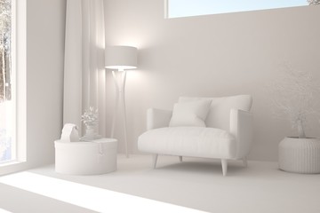 White room with armchair. Scandinavian interior design. 3D illustration