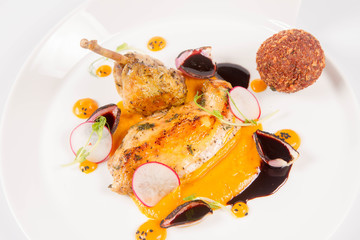 Guinea fowl, pumpkin puree, fried buckwheat, gravie sauce