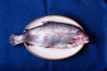 Fresh raw trout on a plate, top view.