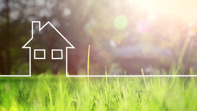 Conceptual eco green house drawing lines animation. Healthy living background with blurred sunny meadow. 
