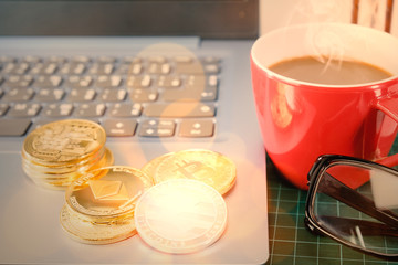 Cryptocurrency / View of cryptocurrency on keyboard of computer.