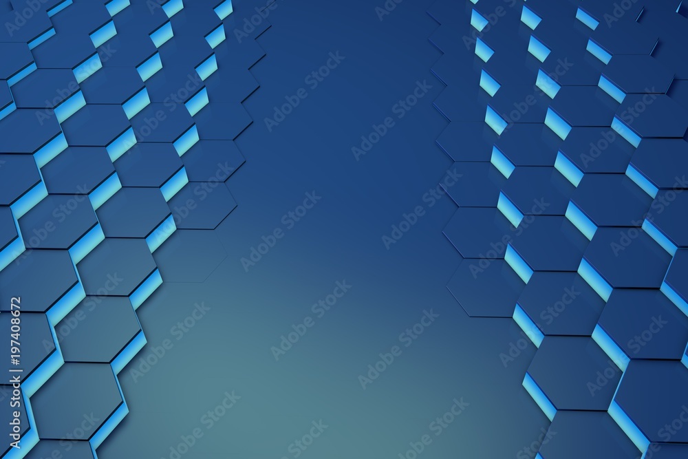 Poster glowing blue hexagon pattern background. 3d rendering