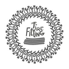 Round emblem with a spanner and inscription - tire fitting. Vector illustration