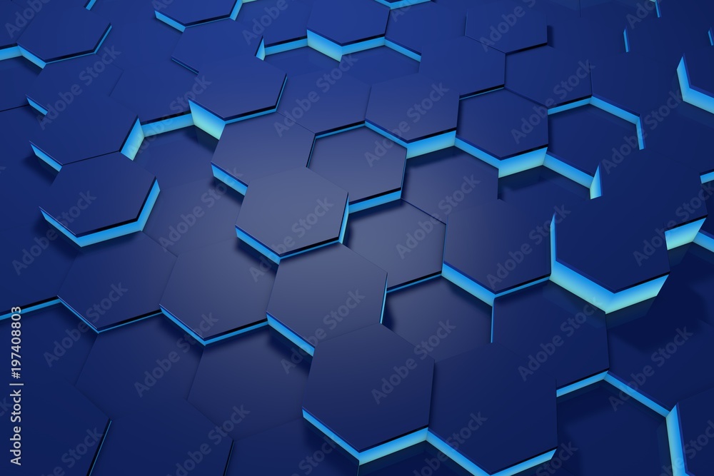 Poster glowing blue hexagon pattern background. 3d rendering