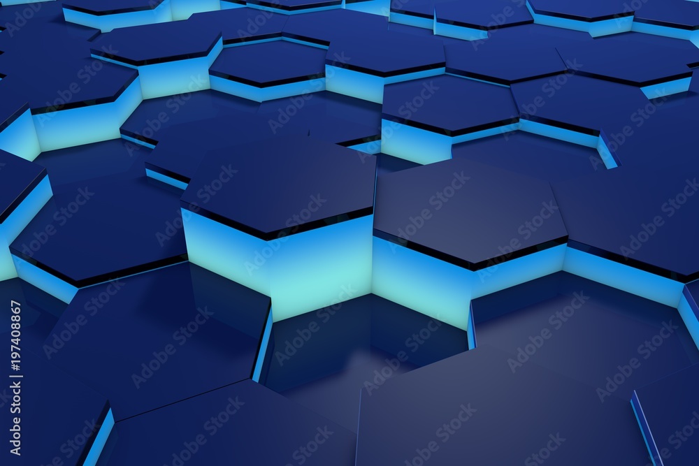 Poster glowing blue hexagon pattern background. 3d rendering