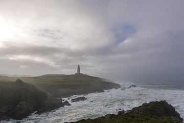 Temporal en la torre de Hercules (La Coru&ntilde;a, Espa&ntilde;a).