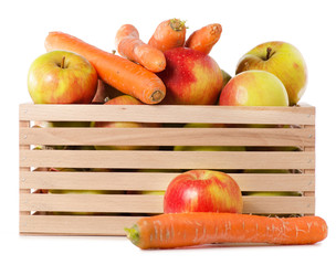 Wooden box of apples carrots