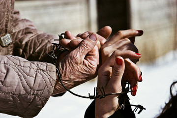 Hands of an old grandmother and a young girl in barbed wire