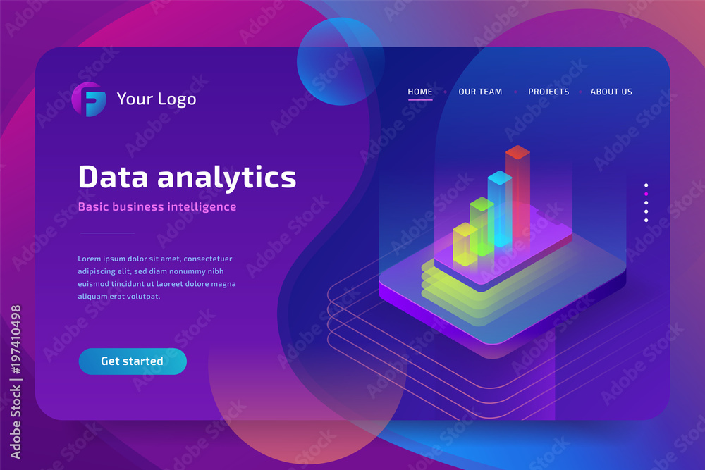 Poster data analytics isometric composition for website. isometric vector illsutration