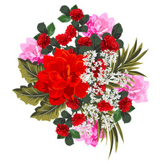 Bouquet of pink and red garden flowers. Decor elements for greeting cards, wedding invitations, birthday and other celebrations. Isolated on white background.