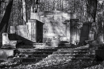 Old abandoned cemetery black and white landscape