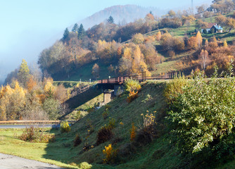 Fototapeta na wymiar Autumn Carpathian mountains and railroad bridge, Ukraine