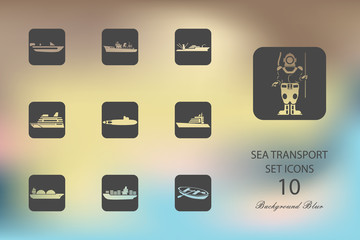 Sea transport. Set of flat icons on blurred background