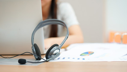 close up headset earphone for call center occupation concept.	
