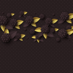 Obraz na płótnie Canvas Paper cut flowers with golden glitter leaves, frame. Template for greeting card, holiday background. Papercraft style. Vector illustration.