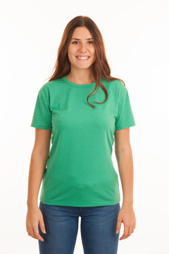 Beautiful Young Woman In Green T Shirt Over White Background