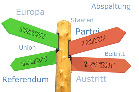 Konzeptuelles Richtungsschild mit Begriffen Brexit, Grexit, Frexit und einem Fragezeichen