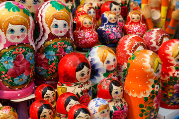 Fototapeta na wymiar Matryoshka is Russian wooden toy in form of painted doll, inside of which are similar dolls of smaller size