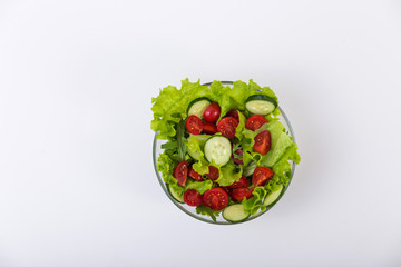 proper nutrition, fitness food, vegetable salad, tomato, diet program. concept of healthy food on a white background for advertising your text