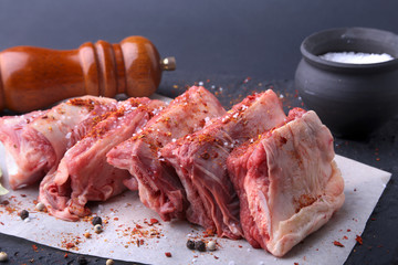 Raw fresh meat, uncooked lamb or beef ribs with pepper, garlic, salt, bay leaves and spices on dark stone background, Ready for cooking. copy space.