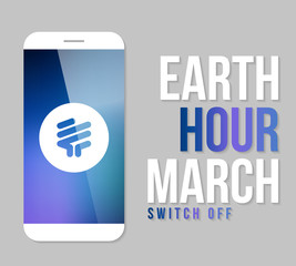 Flat lay earth hour illustration with modern white smart phone design and light bulb button on the screen.