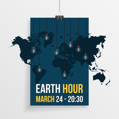 Earth hour illustration with world map and hanging lamps and custom text. Vector illustration for the earth hour international event in march with dark blue color and paper clip.