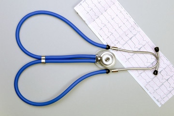 Stethoscope, red heart, RX prescription on white table with space for text.