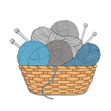 balls of yarn and knitting needles in basket isolated on white background