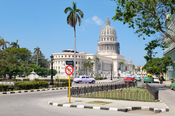 Street scene in downtown Havana with the Capitol building