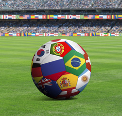 Soccer ball with world countries flags white stadium
