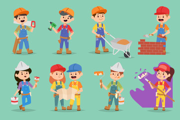 Vector kids builders children boys and girls characters profession people illustration. Happy occupation profession flat children teenager kids engineer architect. construction job kids playing games