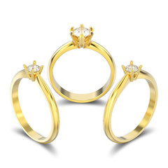 3D illustration three isolated yellow gold traditional solitaire engagement diamond rings with shadow