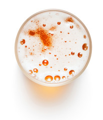 top view of mug of beer with foam