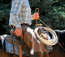 Cowboy riding his horse in a parade outdoors.