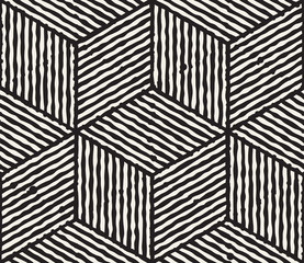 Hand drawn black and white ink striped seamless pattern. Vector grunge lattice texture. Monochrome brush  strokes lines background