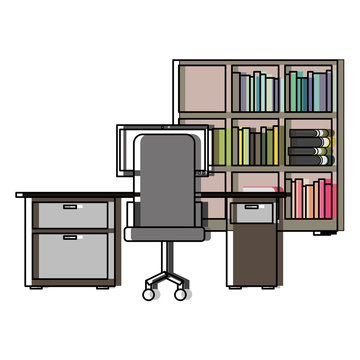 workspace office desk pc armchair bookshelf books vector illustration