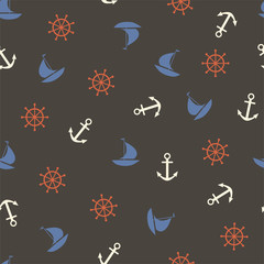 Marine seamless pattern with a ship, an anchor and a steering wheel. Vector.