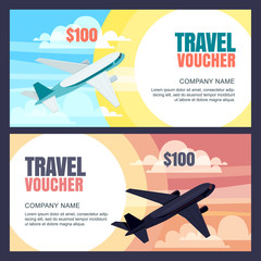 Vector travel voucher template. 3d isometric illustration of flying airplane. Day and night flight. Concept for vacation, travel agency, sale ticket. Banner, coupon, certificate, flyer, ticket layout