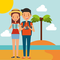 couple with map and camera in the beach traveling vacation vector illustration