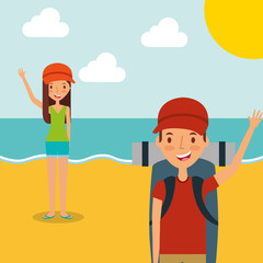 couple traveling vacation in the beach with backpack vector illustration