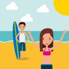 couple tourists traveling vacation on the beach vector illustration