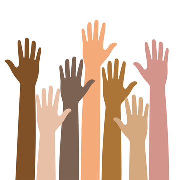 Colorful raised hands. The concept of diversity. Group of hands on a white background