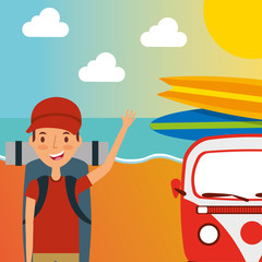 young boy backpack vacation on the beach vector illustration