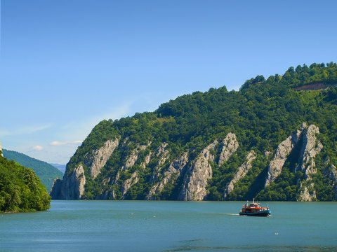 Panoramic view over the Danube river Canyon at Dubova, Mehedinti County, Romania