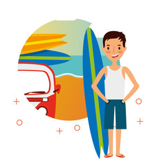man in the beach with van surfing board summer vacations vector illustration