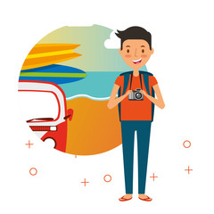 man in the beach with van surfing board summer vacations vector illustration