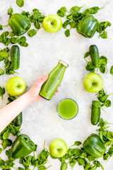 Cucumber, pepper, apple, celeriac. Vegetables for greeny organic smoothy for sport diet on stone background top view mockup