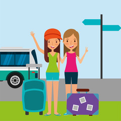 summer people baggage and car transport travelers vector illustration