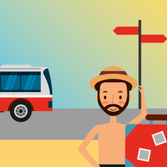 summer vacations beard man in swimsuit with car transport vector illustration