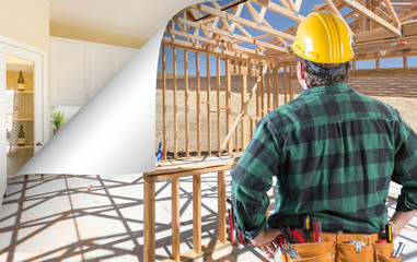 Contractor Facing Construction Framing with Page Corner Flipping to Completed Kitchen